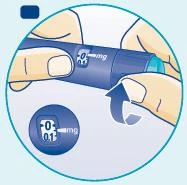 Dos manos sostienen un dispositivo médico azul con una pantalla que indica 0 mg y un detalle circular que muestra el valor 0,01 mg