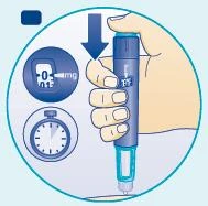 Ilustración médica de una mano que sostiene una pluma inyectora con pantalla digital que indica 0,01 mg y un cronómetro al lado