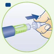 Una mano inserta un dispositivo médico cilíndrico verde y azul en un soporte blanco con una flecha azul que indica el movimiento hacia la derecha