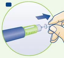 Una mano gira hacia la derecha para desenroscar un pequeño frasco transparente de un dispositivo médico cilíndrico verde y azul