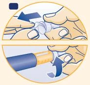 Dos ilustraciones circulares muestran manos manipulando un dispositivo médico para retirar una tapa y girar una parte del mecanismo