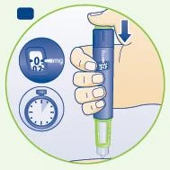 Una mano sostiene un dispositivo médico azul con una pantalla que indica 0,02 mg y un cronómetro estilizado al lado para indicar el tiempo