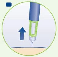 Ilustración de una pluma inyectable azul y verde con una flecha azul que indica el movimiento hacia la izquierda