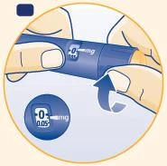 Dos manos sostienen un dispositivo médico azul con indicador de dosis en 0 mg y un aumento muestra el detalle de la pantalla numérica