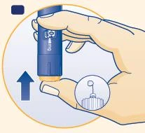 Una mano sostiene un dispositivo médico azul con una flecha hacia la izquierda