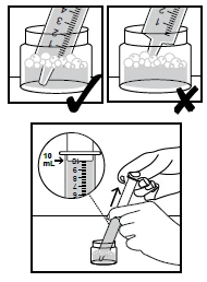 Diagram pokazujący poprawny sposób wkładania strzykawki do fiolki z kulkami, unikając dotykania zawartości lub krawędzi pojemnika