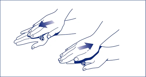 Schematic blue illustration showing two hands applying inward pressure toward the center