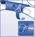 Hands rotating the base of a blue injector pen to adjust dosage, with an enlarged detail showing the number 2 on the display