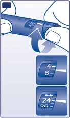 Illustration of hands rotating the top part of a blue injector pen with details on two dosage windows showing numbers 4-6 and 24-26