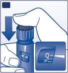 A hand pressing down the blue cap of a medical device to activate it, with an arrow indicating downward movement