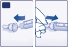 Two diagrams showing steps for removing or inserting a cap from a medical device using lateral movements indicated by blue arrows