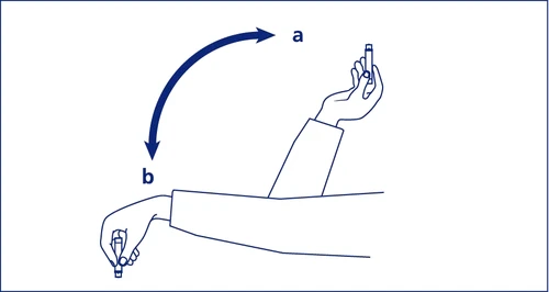 Diagram with a curved arrow indicating movement from position A with the hand raised to position B with the hand lowered