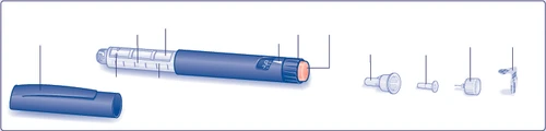Technical diagram of a blue injectable pen with separated components including cap, body with graduated scale, tip, and replacement needles