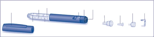Diagram of a blue injective pen with separated components including cap, body with graduated scale, protective cap, and single needles