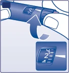 Blue illustration of a hand rotating the top part of an injector pen with a curved arrow and a dosage detail showing numbers 2 and 4