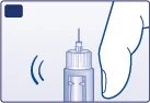 Illustration of a hand next to a vial with needle inserted and curved lines indicating movement or vibration