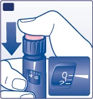 A hand pressing with the thumb on the cap of a blue vial while an arrow indicates downward movement and a display shows zero