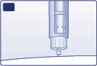 Medical illustration of a syringe or auto-injector positioned vertically above a light curved surface on a light blue background