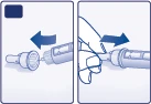 Two diagrams showing how to attach and rotate a medical device with blue arrows indicating insertion and rotational movement