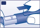 A hand gripping a blue and white cylindrical medical device with a blue arrow indicating a sliding motion to the right
