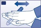 Two hands rubbing together an injectable drug pen with a blue double-headed arrow indicating lateral movement