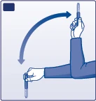 Blue illustration showing a hand rotating a syringe downward following a wide curved arrow