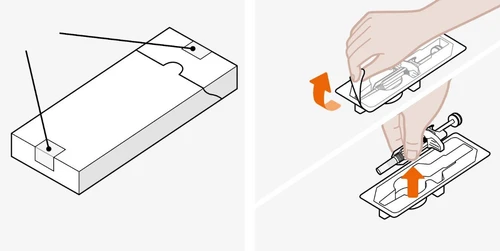 Diagram showing how to open a rectangular package and remove a pre-filled syringe from a plastic tray using two hands