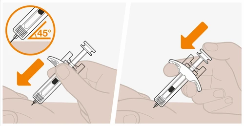 Medical illustration showing how to hold and tilt the injection pen at a 45-degree angle for the