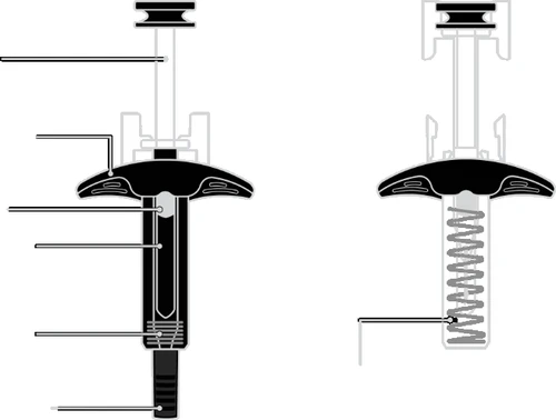 Black-and-white technical diagram showing the cross-section of a medical device with internal components and a spiral spring