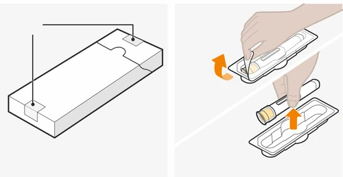 Diagram showing how to open the package and remove the drug container using two hands and orange directional arrows