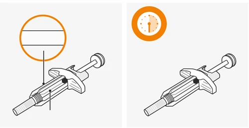 Medical diagram showing a syringe with an enlarged detail of two horizontal lines and a