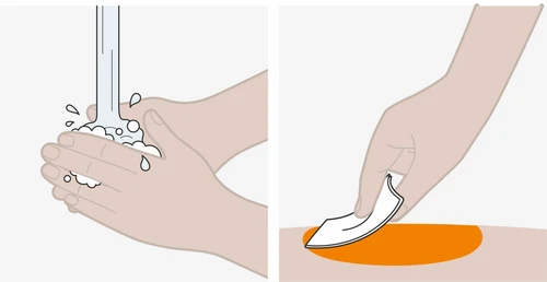 Two illustrations show hands washing fingers with water and foam and one hand applying a bandage to an orange skin area