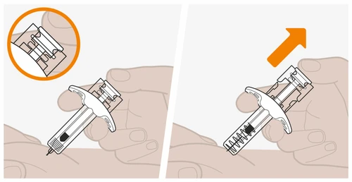 Two illustrations show hands holding an auto-injector to apply it to the skin and then removing it upward