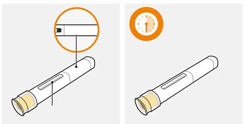Medical diagram showing a white auto-injector device with an enlargement of the viewing window and a