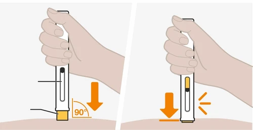 Two illustrations show a hand holding a white medical device for a