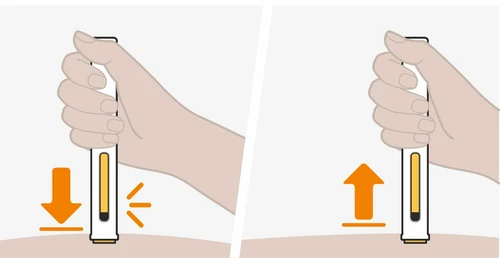 Two illustrations show a hand pressing an injection pen against the skin with a downward arrow and lifting it away with an upward arrow