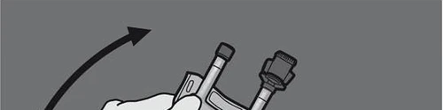 Black and white drawing showing a hand rotating a medical device to the right as indicated by a black curved arrow