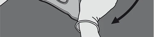Black and white drawing showing a hand rotating a medical device downward following the direction of a curved arrow