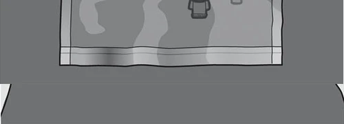 Stylized drawing of a medicine package with clothing icons and a shaded gray surface on a neutral background
