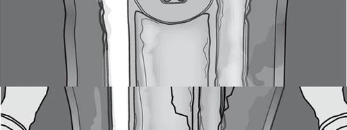 Stylized black and white drawing showing the top of a medical vial with vertical graphic details and shading
