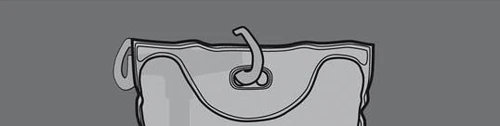 Stylized black and white drawing of a medical bag with a spout at the top and a