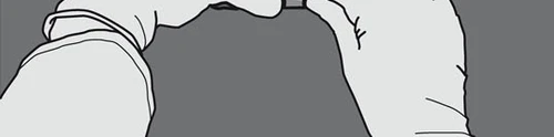 Stylized black and white drawing showing two hands holding and opening a medical container or wrapper on a dark gray background