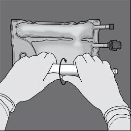 Two hands holding and rotating a cylindrical medical device with two lateral tubes for drug preparation