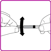 Dos manos sostienen un dispositivo médico cilíndrico con una flecha negra de doble punta que indica un movimiento de deslizamiento vertical