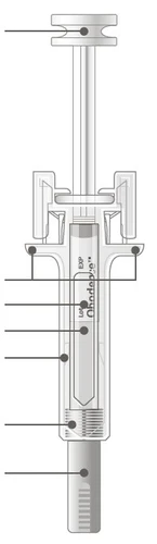 Black and white technical diagram of a pre-filled syringe with multiple reference lines indicating various components of the device