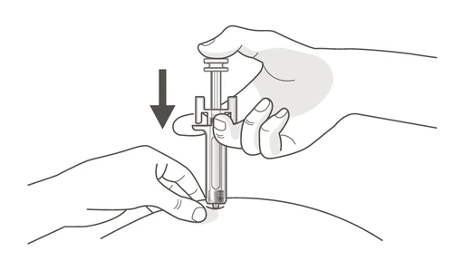 A hand holding a vertical auto-injector pen while another element indicates activation