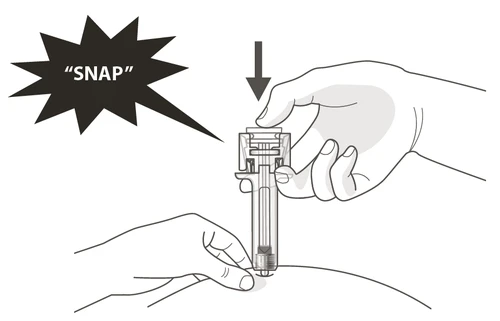 A hand pressing downward on the medical device placed against the skin while another element indicates injection