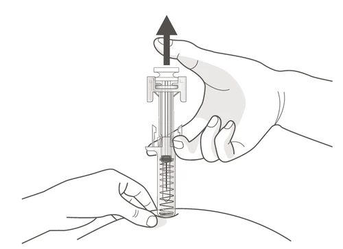 A hand holding a pre-filled syringe while another element indicates preparation for use