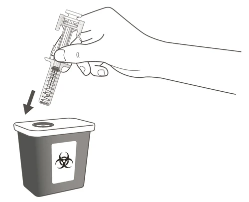 A hand holding a syringe with needle pointing downward for disposal into a biohazard waste container with biohazard symbol