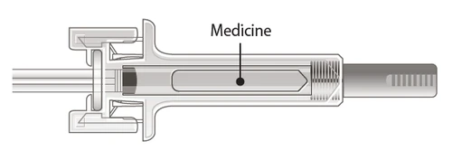 Technical diagram of a horizontal syringe with a line indicating the position of the medication inside
